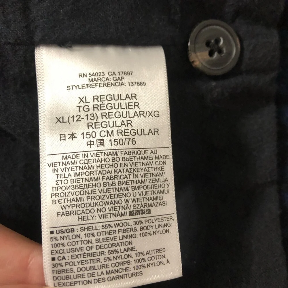 GAP Kids Black/Navy Blue Plaid Button Front Coat Camp Jacket Size 12